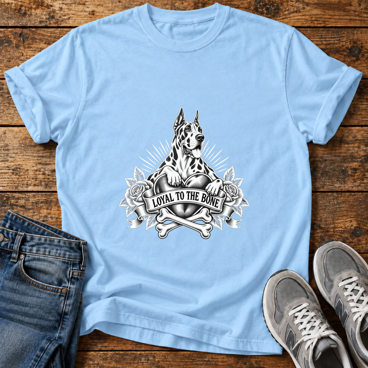 Loyal To The Great Dane graphic T-shirt in Light Blue, shown on a flat-lay shirt mockup