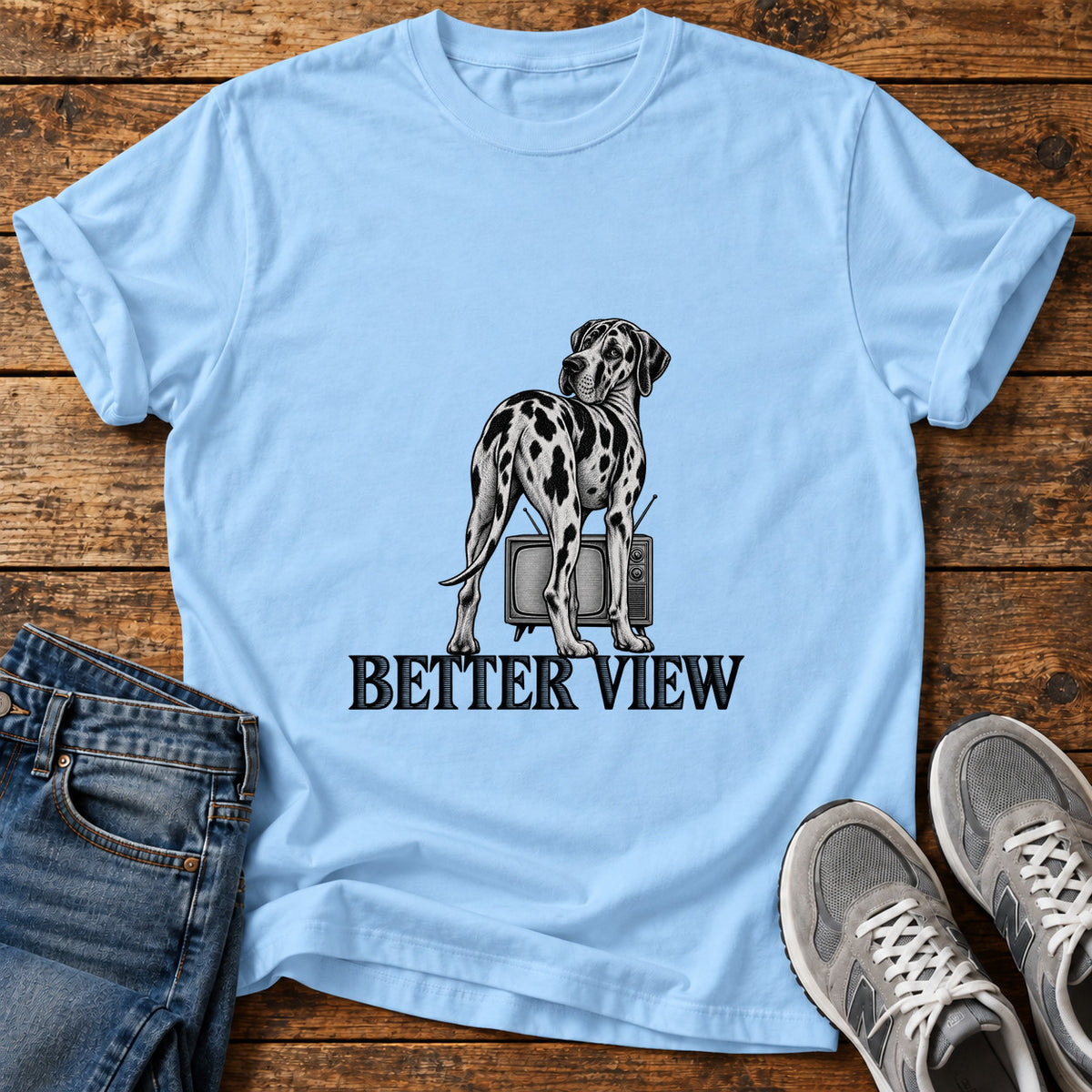 Better View Great Dane graphic T-shirt in Light Blue, shown on a flat-lay shirt mockup