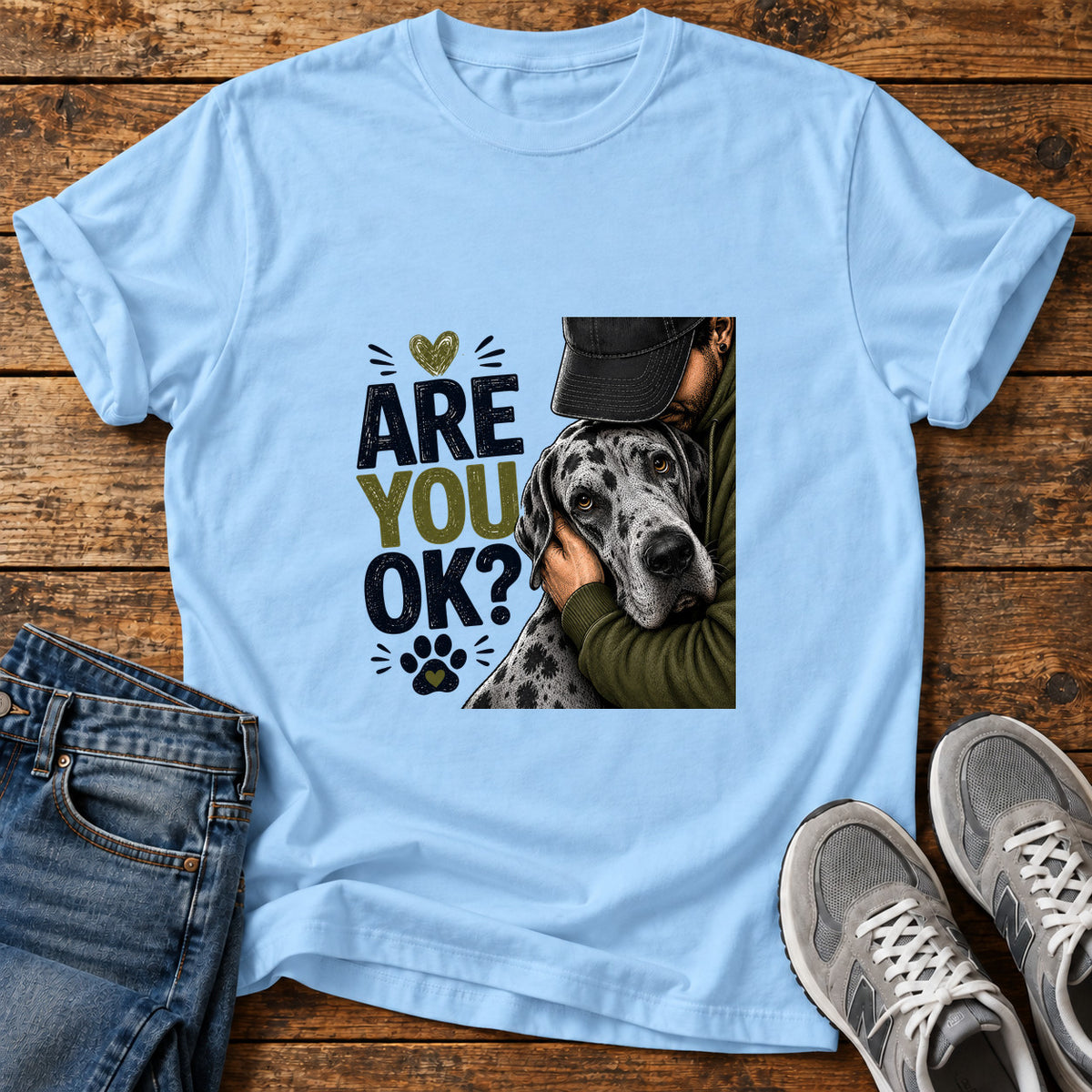 Are You OK Great Dane graphic T-shirt in Light Blue, shown on a flat-lay shirt mockup