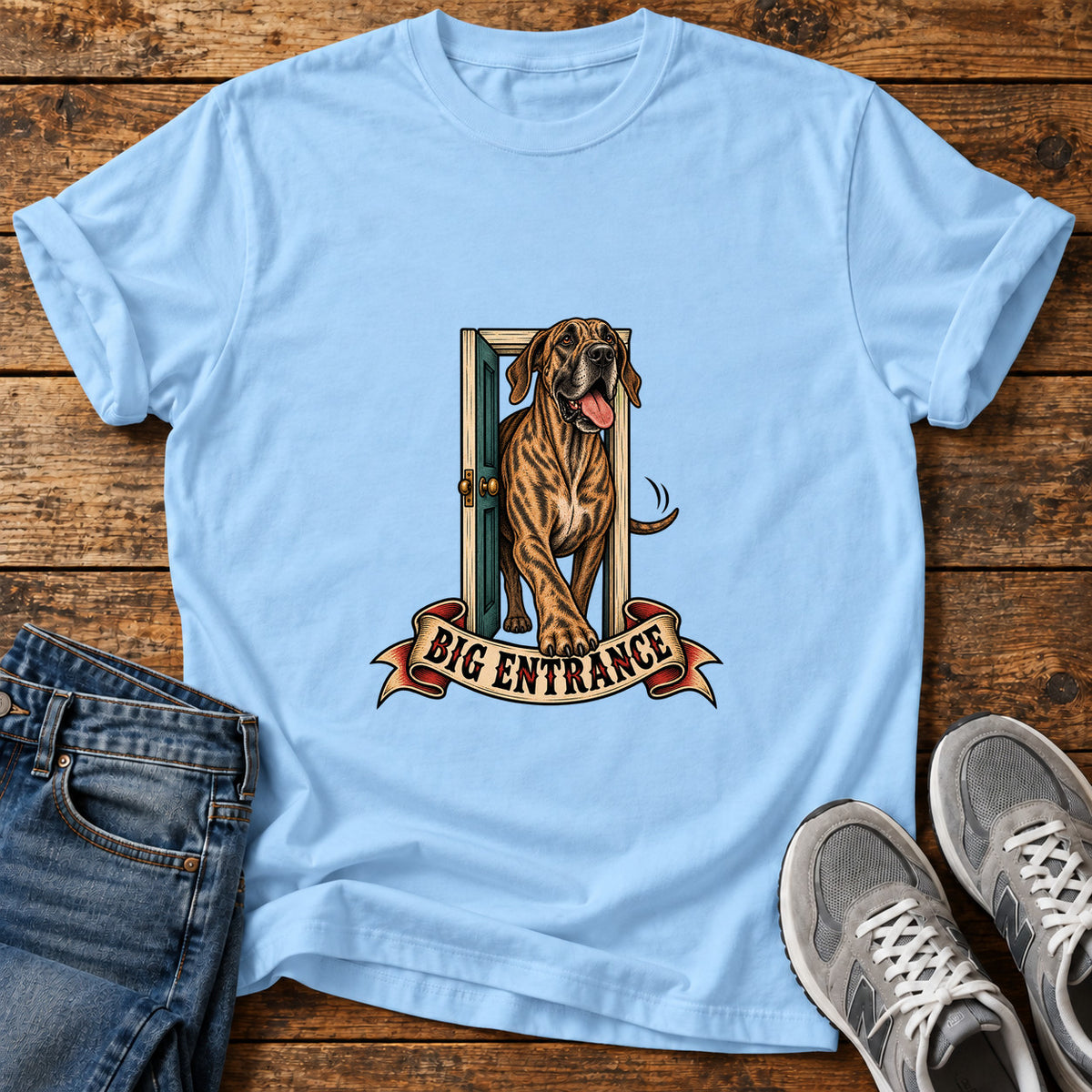 Big Entrance Great Dane graphic T-shirt in Light Blue, shown on a flat-lay shirt mockup