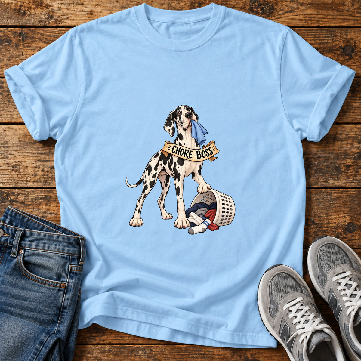 Chore Boss Great Dane graphic T-shirt in Light Blue, shown on a flat-lay shirt mockup