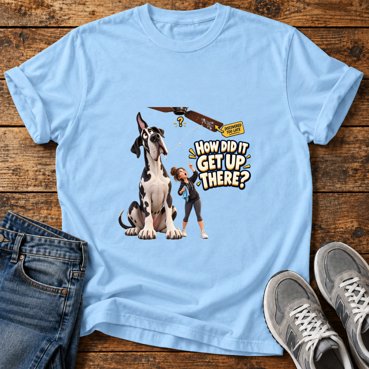 How Did It Great Dane graphic T-shirt in Light Blue, shown on a flat-lay shirt mockup