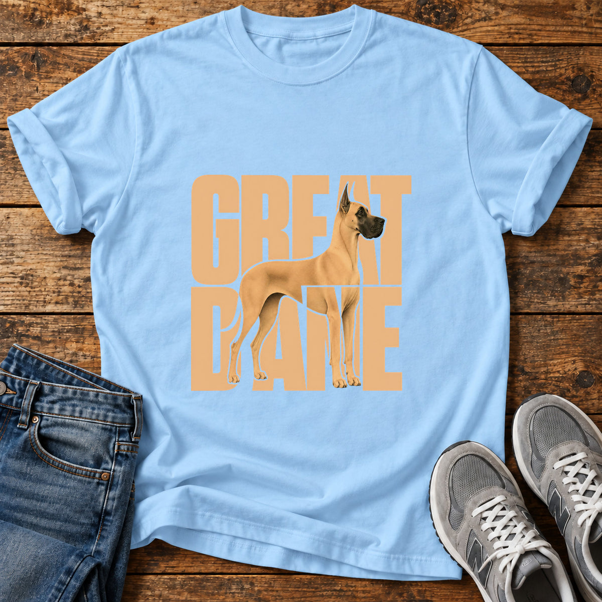 Great Dane graphic T-shirt in Light Blue, shown on a flat-lay shirt mockup