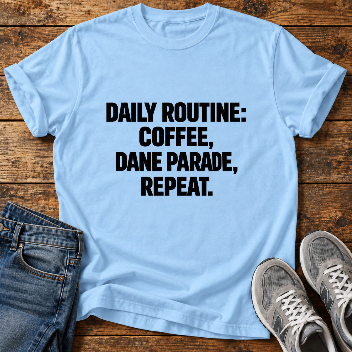 Dane Routine Great Dane graphic T-shirt in Light Blue, shown on a flat-lay shirt mockup