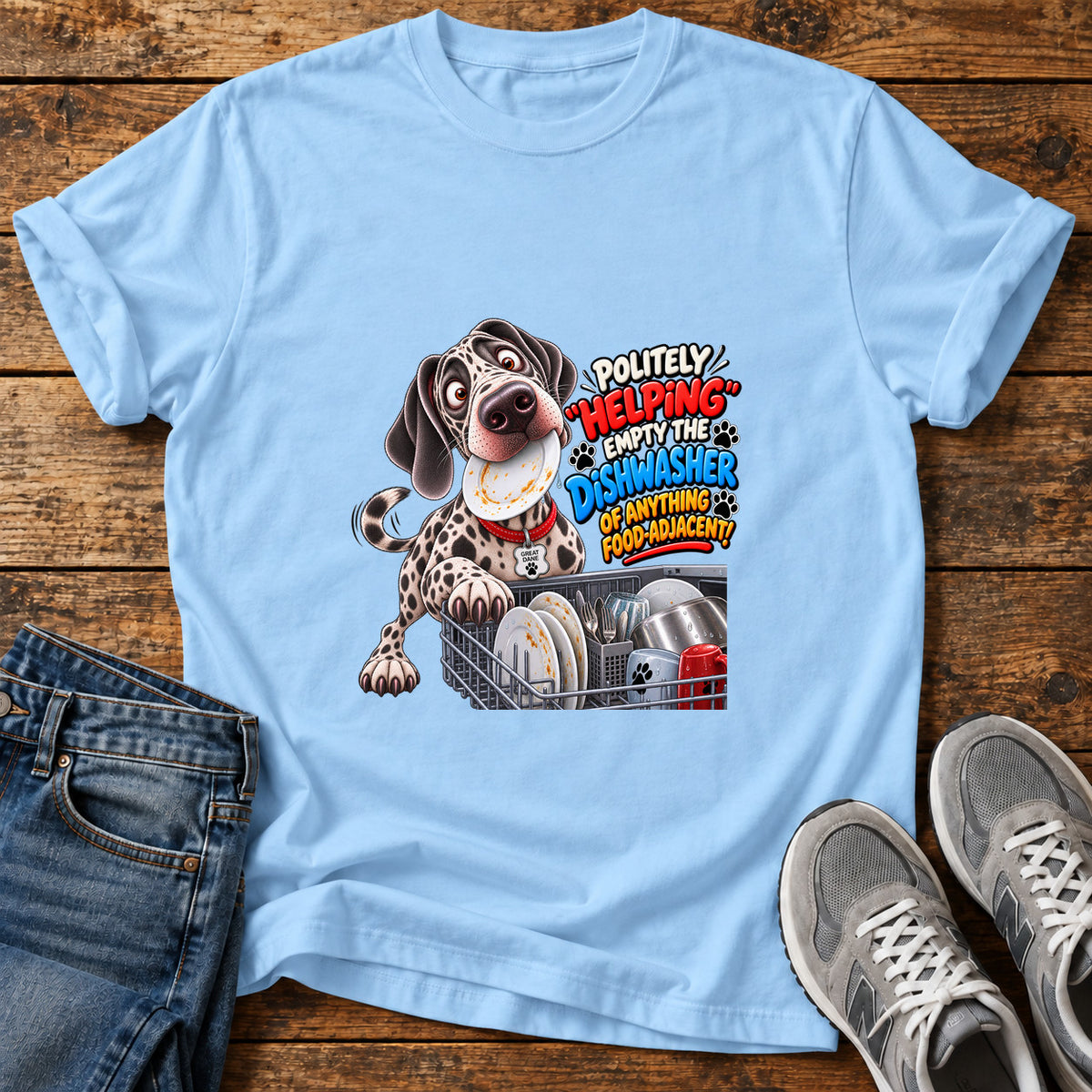 Helping Dishwasher Dog Great Dane graphic T-shirt in Light Blue, shown on a flat-lay shirt mockup