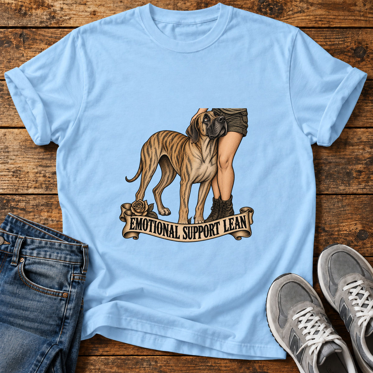 Emotional Support Lean Great Dane graphic T-shirt in Light Blue, shown on a flat-lay shirt mockup