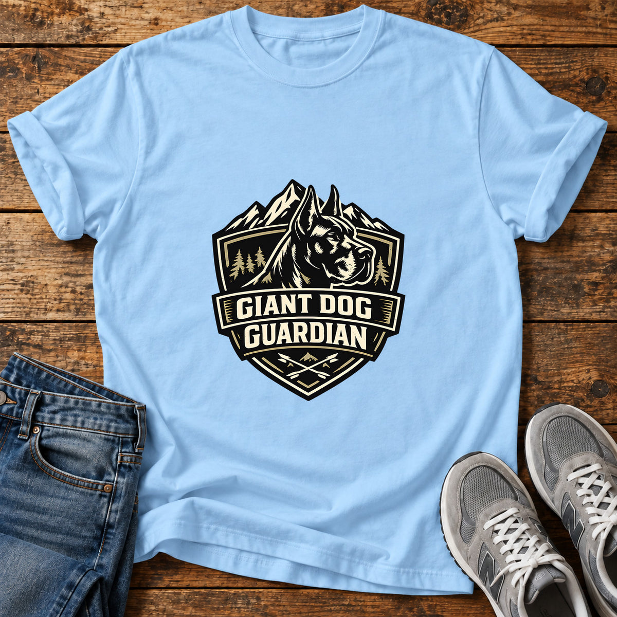 Giant Dog Guardian Great Dane graphic T-shirt in Light Blue, shown on a flat-lay shirt mockup
