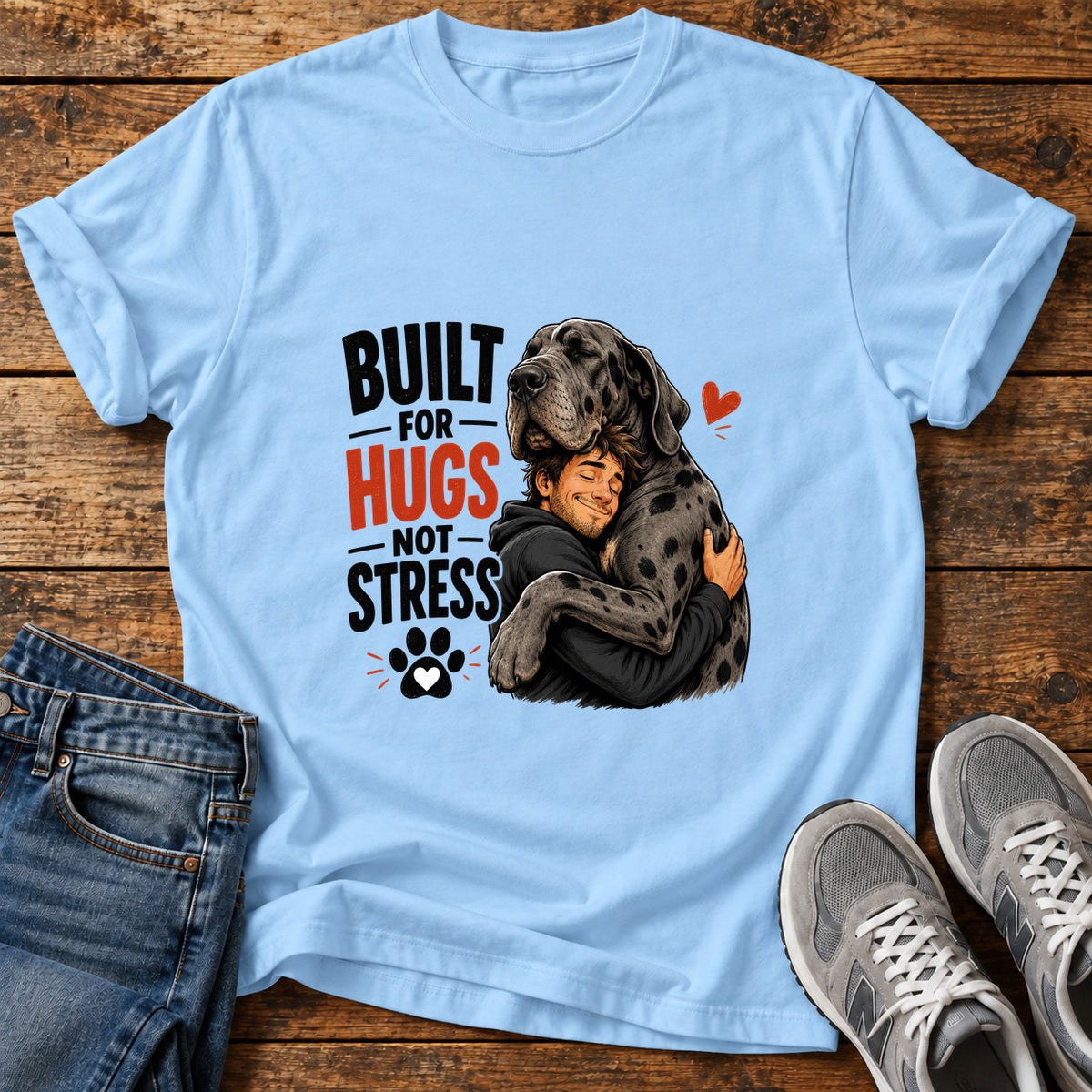 Built For Hugs Great Dane graphic T-shirt in Light Blue, shown on a flat-lay shirt mockup
