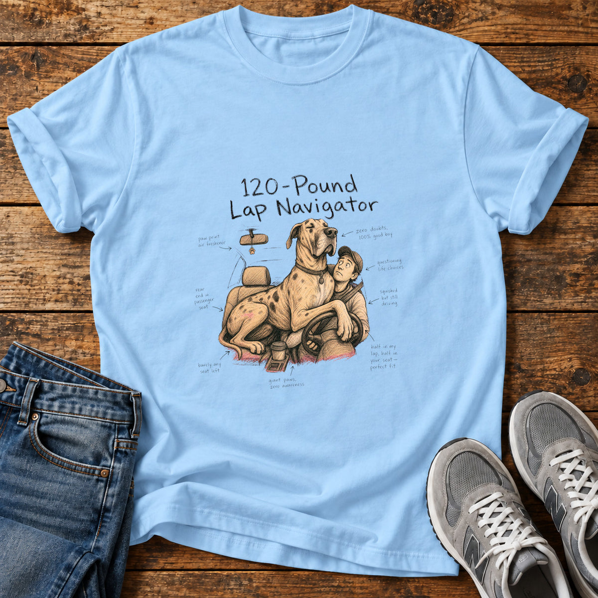 Lap Navigator Great Dane graphic T-shirt in Light Blue, shown on a flat-lay shirt mockup