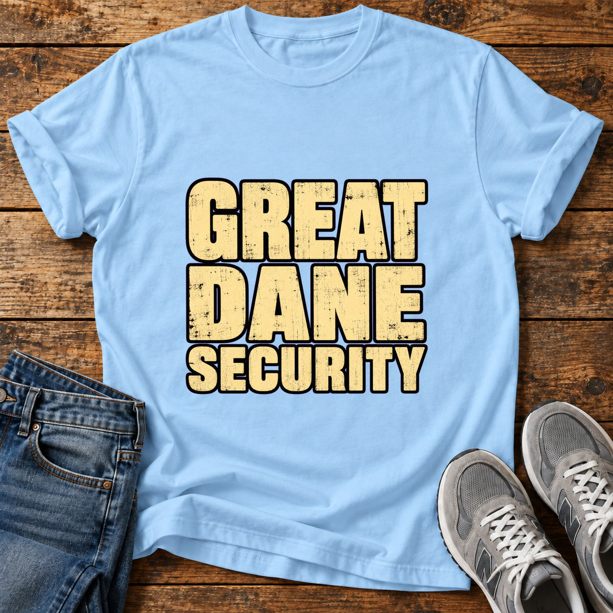 Great Dane Security graphic T-shirt in Light Blue, shown on a flat-lay shirt mockup