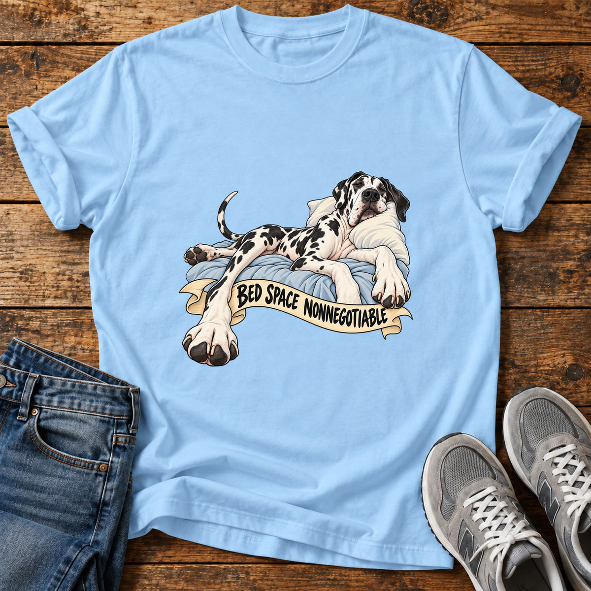 Bed Space Nonnegotiable Great Dane graphic T-shirt in Light Blue, shown on a flat-lay shirt mockup