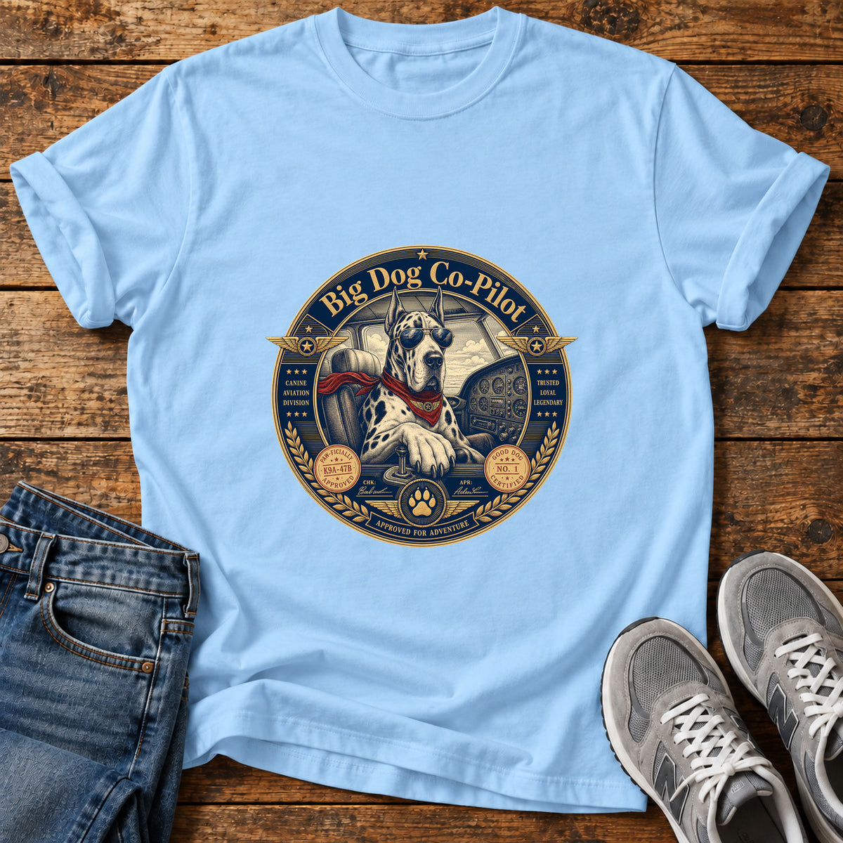 Big Dog Co-Pilot Great Dane graphic T-shirt in Light Blue, shown on a flat-lay shirt mockup