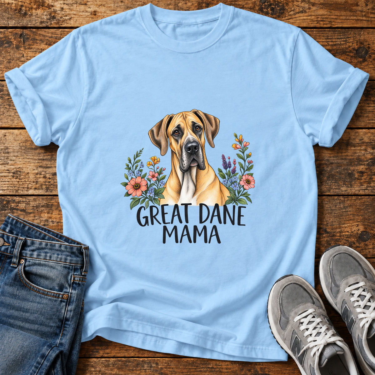 Great Dane Mama graphic T-shirt in Light Blue, shown on a flat-lay shirt mockup