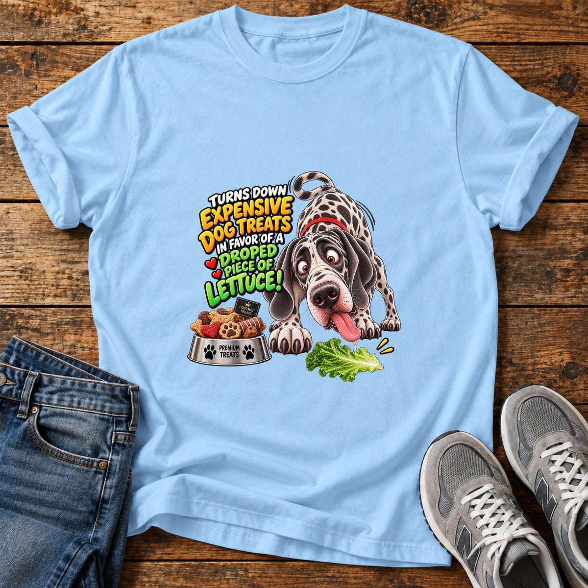 Dog's Lettuce Love Great Dane graphic T-shirt in Light Blue, shown on a flat-lay shirt mockup