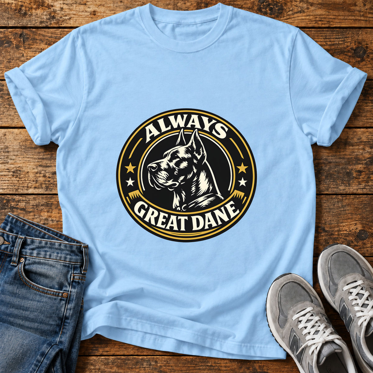 Always Great Dane graphic T-shirt in Light Blue, shown on a flat-lay shirt mockup