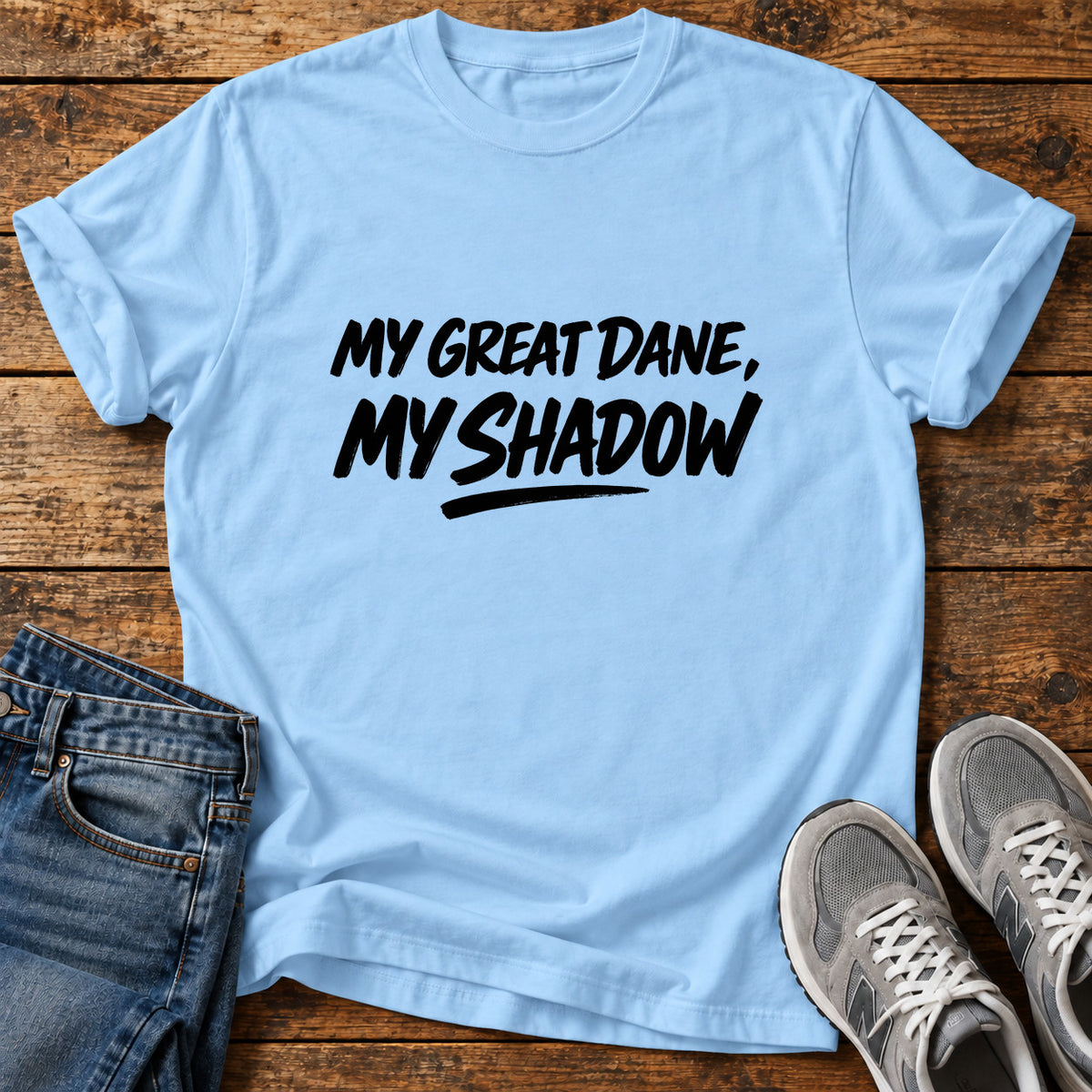 Great Dane Shadow graphic T-shirt in Light Blue, shown on a flat-lay shirt mockup