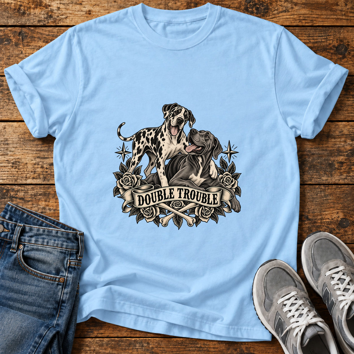 Double Trouble Great Dane graphic T-shirt in Light Blue, shown on a flat-lay shirt mockup