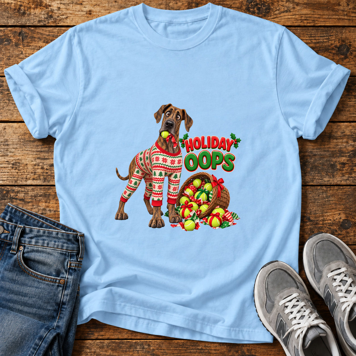 Holiday Oops Great Dane graphic T-shirt in Light Blue, shown on a flat-lay shirt mockup