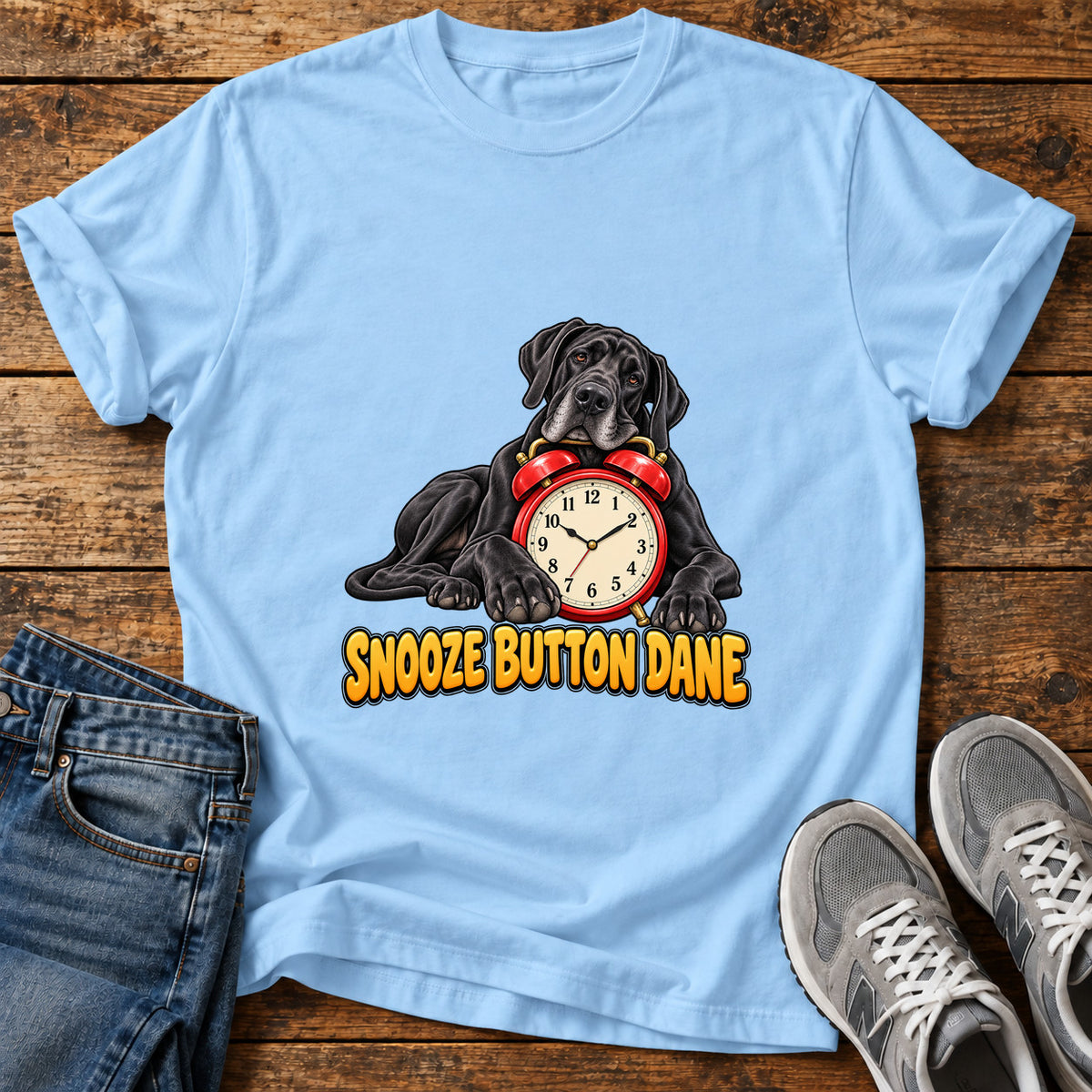 Snooze Button Dane Great Dane graphic T-shirt in Light Blue, shown on a flat-lay shirt mockup