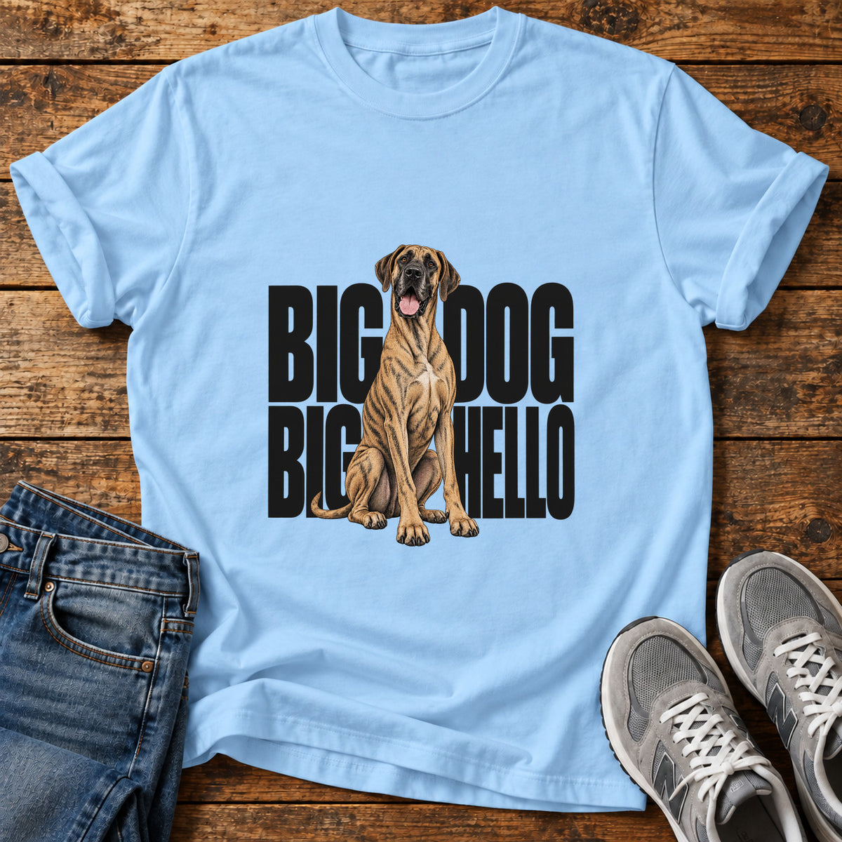 Big Dog Hello Great Dane graphic T-shirt in Light Blue, shown on a flat-lay shirt mockup