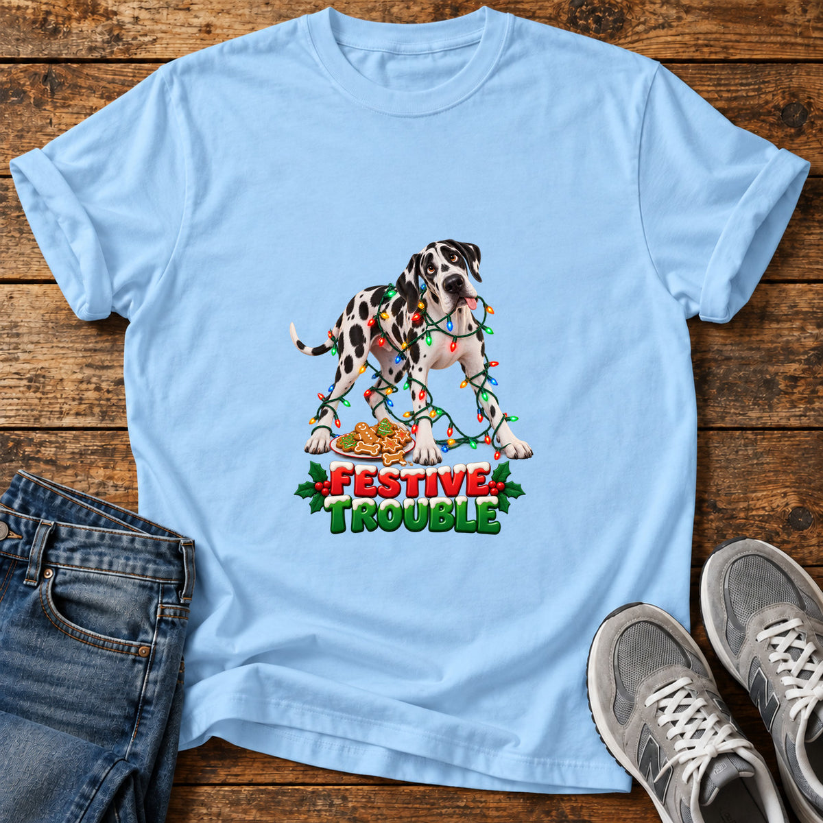 Festive Trouble Great Dane graphic T-shirt in Light Blue, shown on a flat-lay shirt mockup