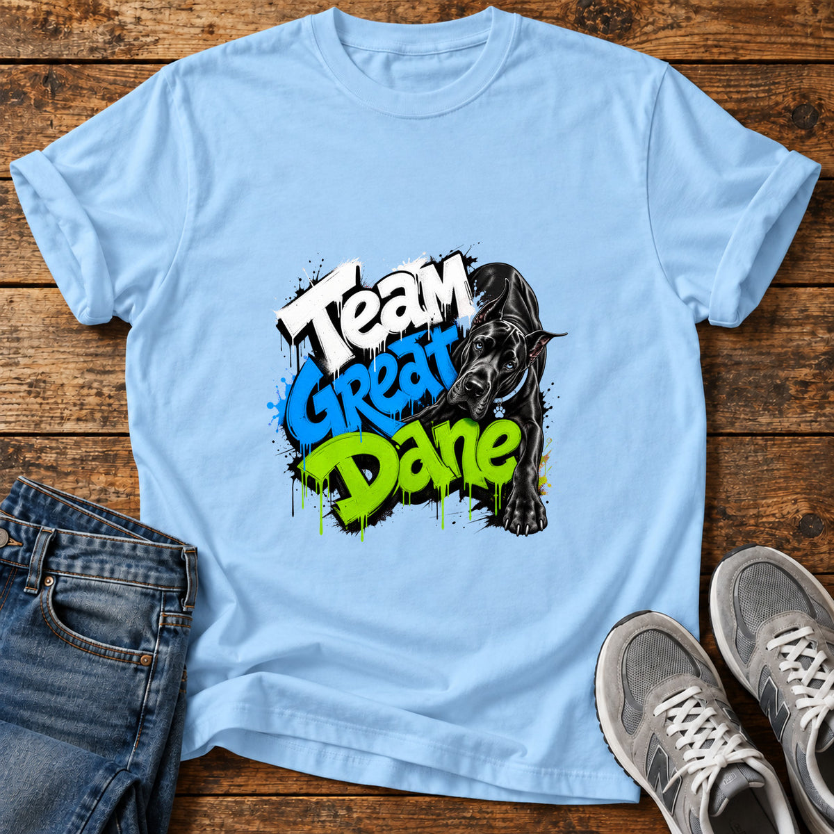 Team Great Dane graphic T-shirt in Light Blue, shown on a flat-lay shirt mockup
