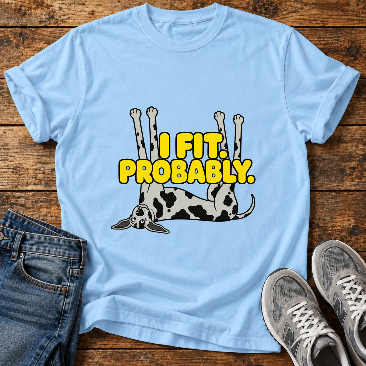 I Fit Probably Great Dane graphic T-shirt in Light Blue, shown on a flat-lay shirt mockup