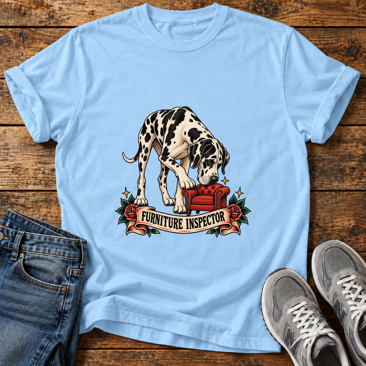 Furniture Inspector Great Dane graphic T-shirt in Light Blue, shown on a flat-lay shirt mockup