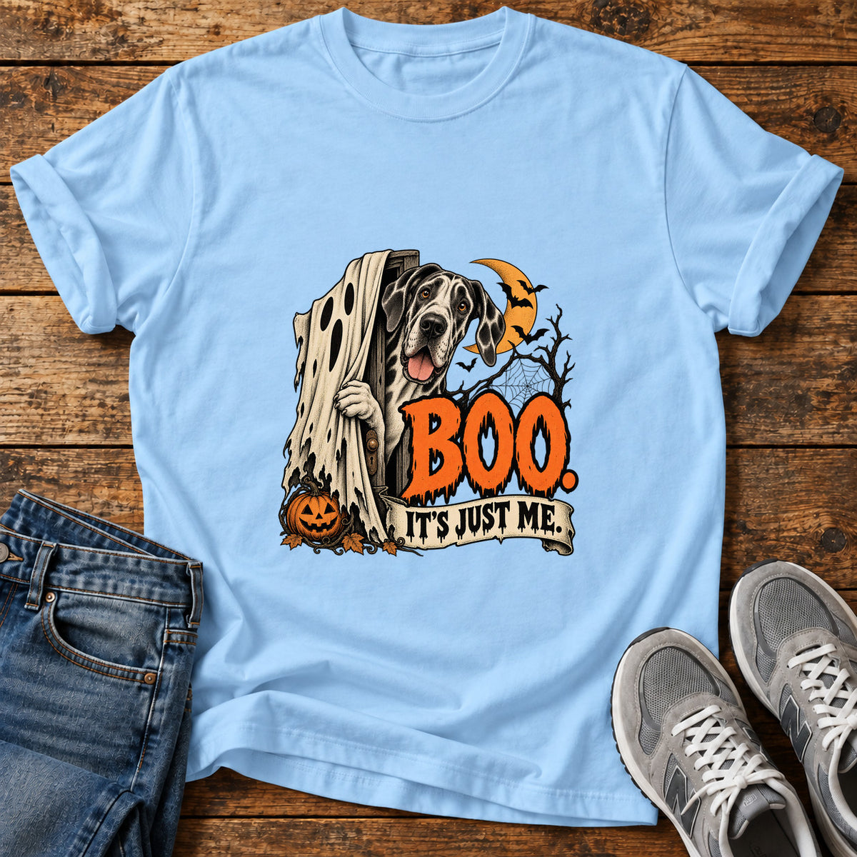 Boo Just Me Great Dane graphic T-shirt in Light Blue, shown on a flat-lay shirt mockup