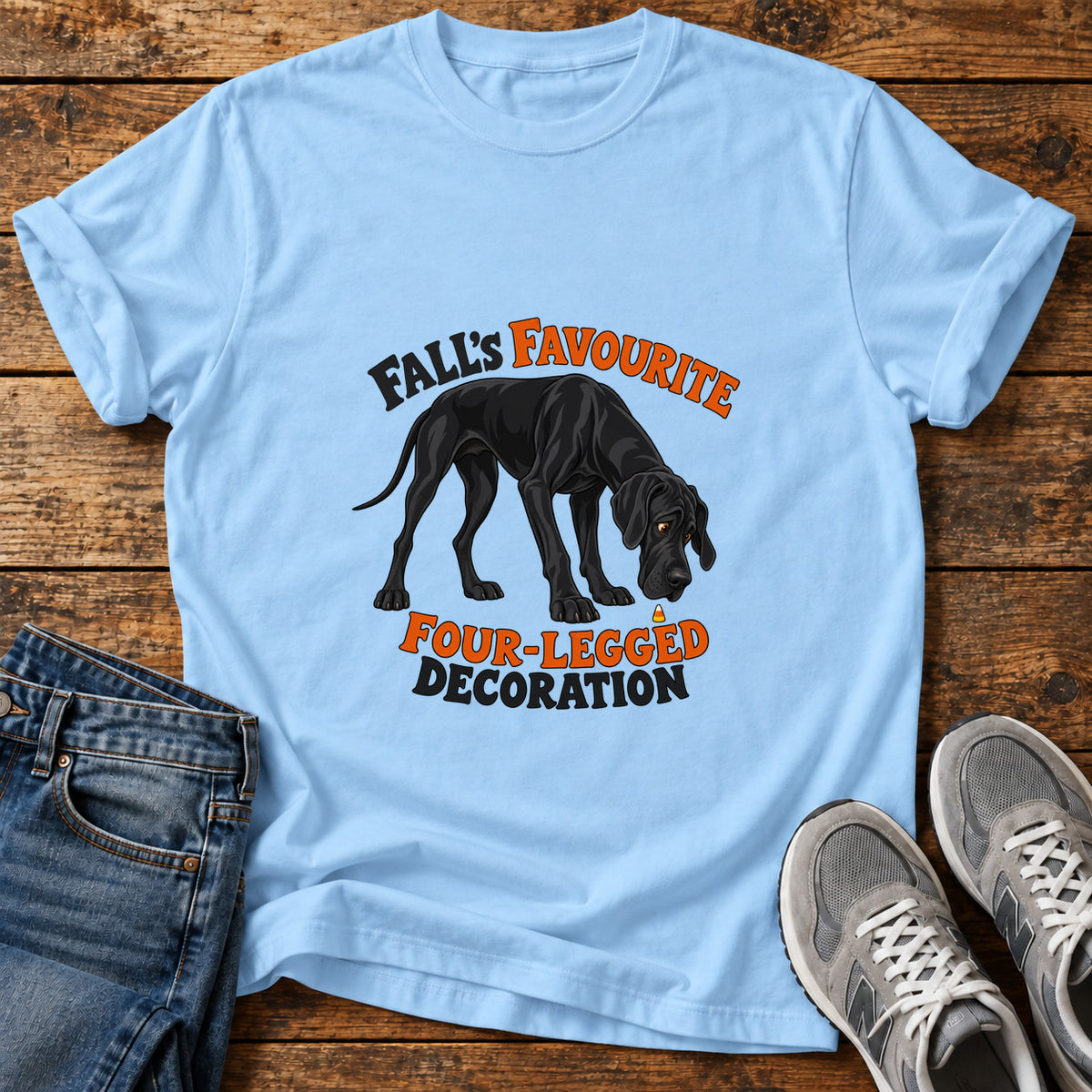 Fall's Favourite Great Dane graphic T-shirt in Light Blue, shown on a flat-lay shirt mockup