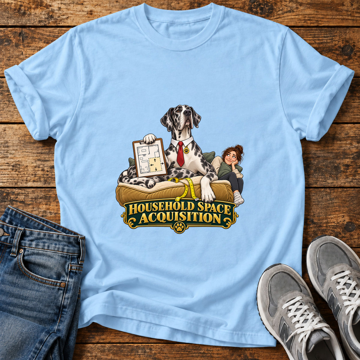 Household Space Great Dane graphic T-shirt in Light Blue, shown on a flat-lay shirt mockup