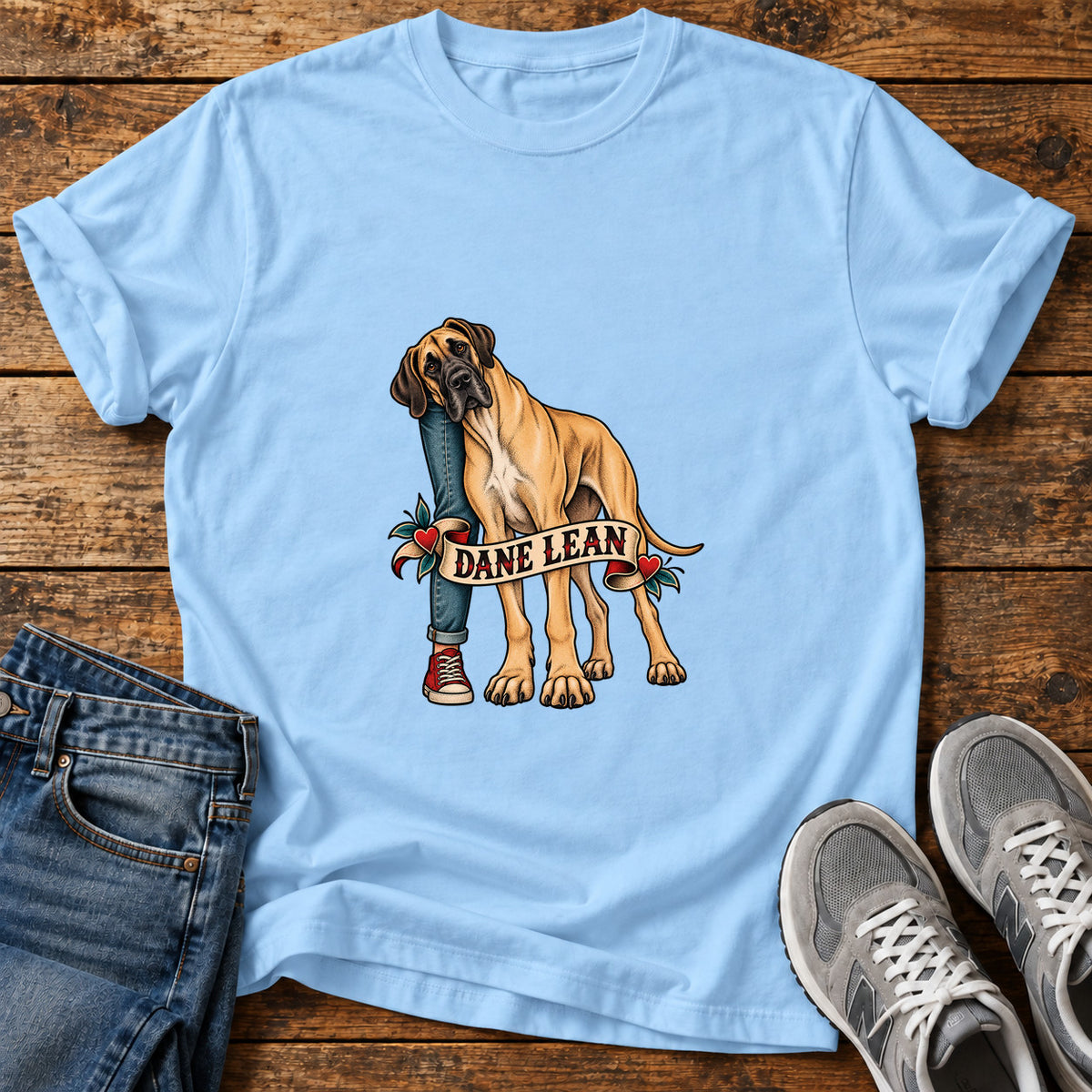 Dane Lean Great Dane graphic T-shirt in Light Blue, shown on a flat-lay shirt mockup