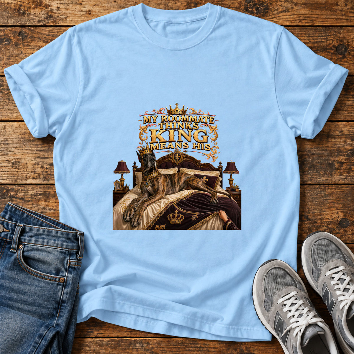 King Roommate Vibes Great Dane graphic T-shirt in Light Blue, shown on a flat-lay shirt mockup