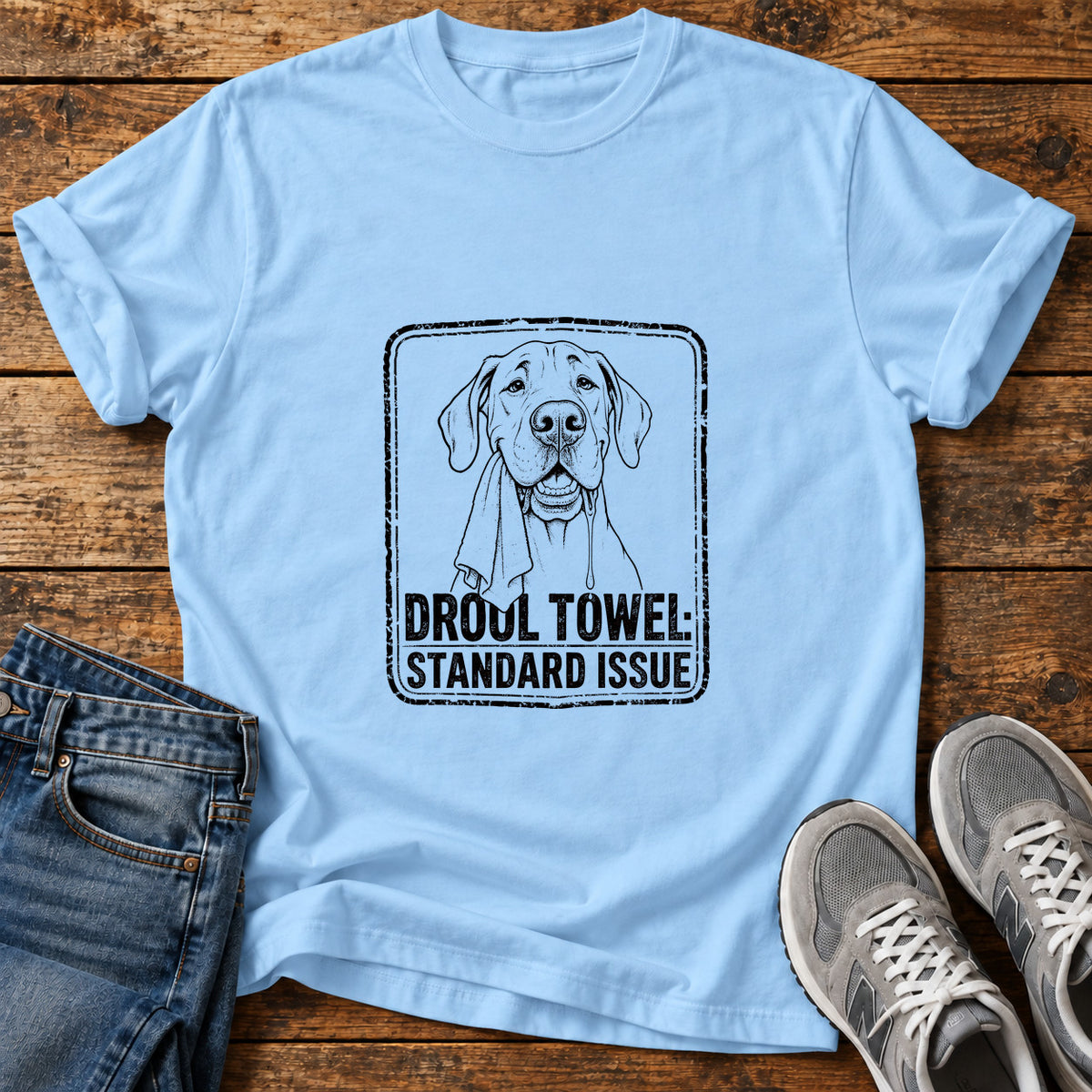 Drool Towel Great Dane graphic T-shirt in Light Blue, shown on a flat-lay shirt mockup