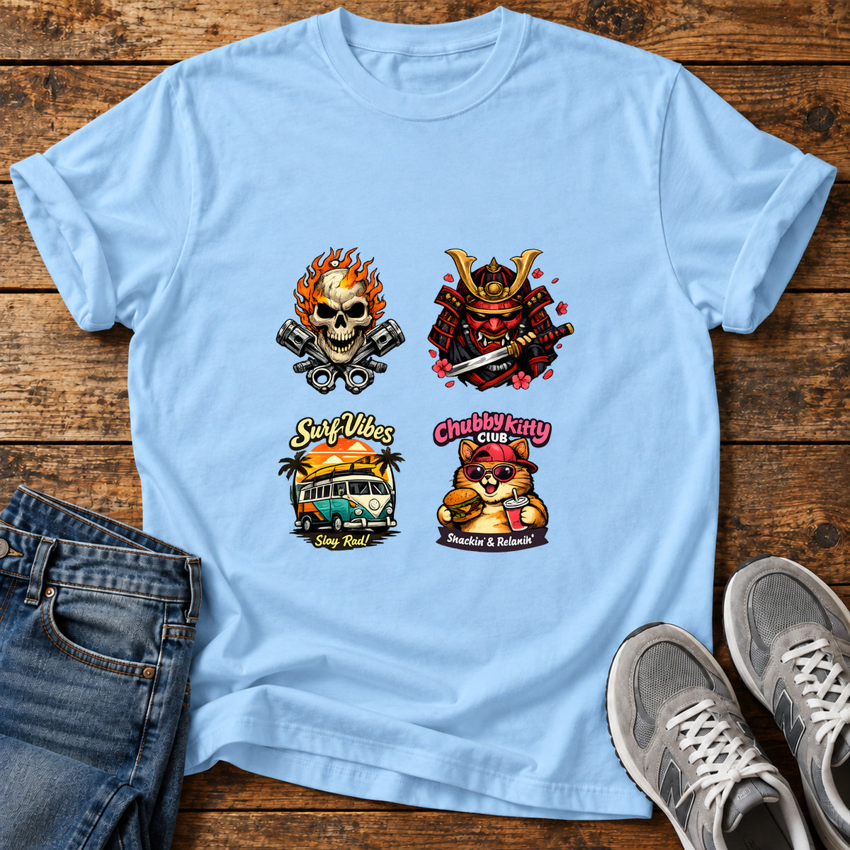 Chubby Kitty Great Dane graphic T-shirt in Light Blue, shown on a flat-lay shirt mockup