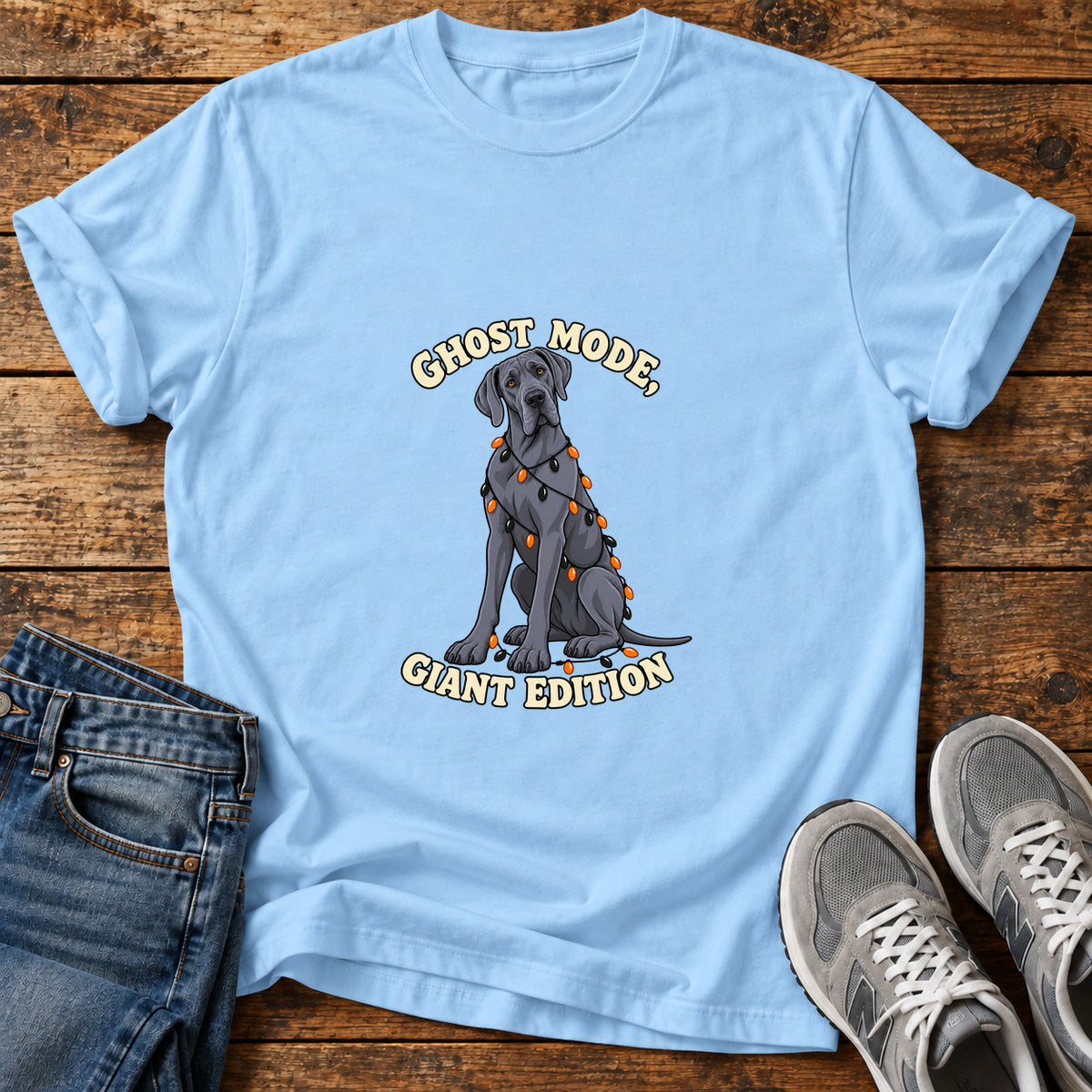 Ghost Mode Giant Great Dane graphic T-shirt in Light Blue, shown on a flat-lay shirt mockup