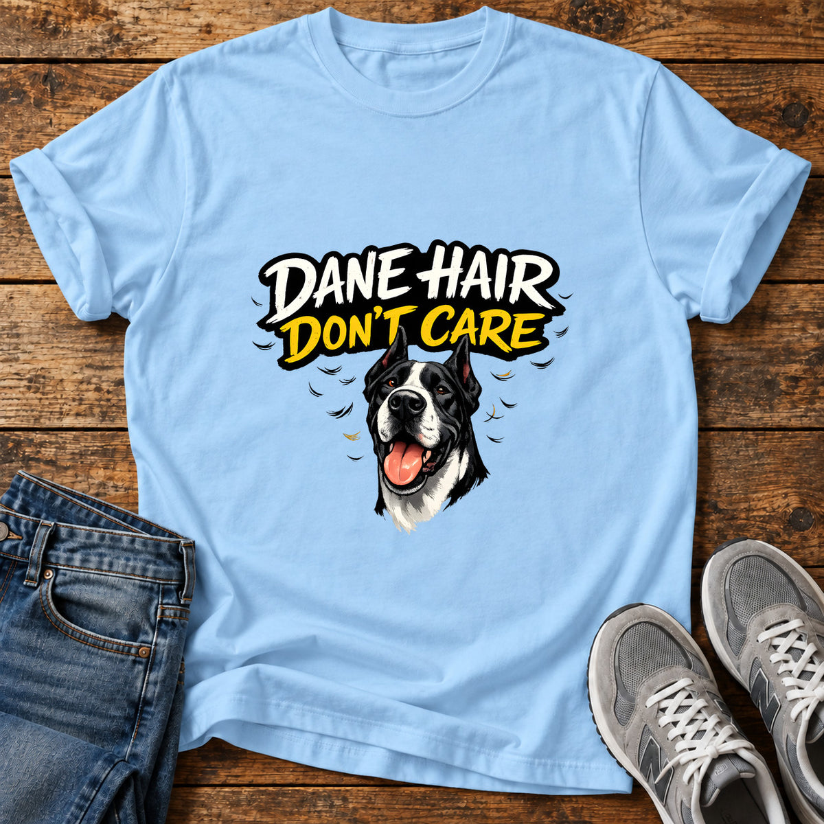 Dane Hair Great Dane graphic T-shirt in Light Blue, shown on a flat-lay shirt mockup