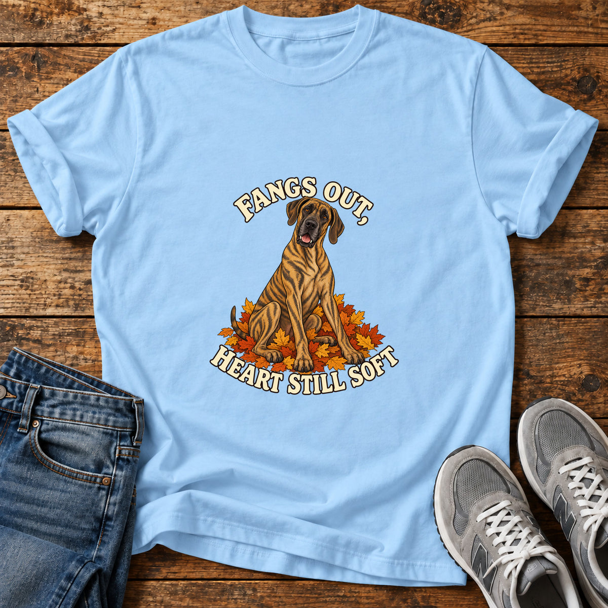 Fangs Heart Soft Great Dane graphic T-shirt in Light Blue, shown on a flat-lay shirt mockup