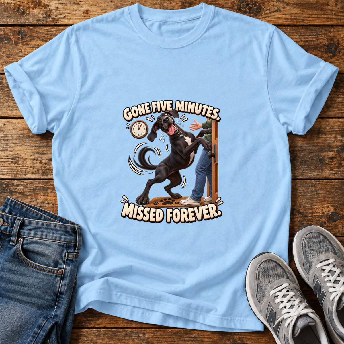 Missed Forever Great Dane graphic T-shirt in Light Blue, shown on a flat-lay shirt mockup