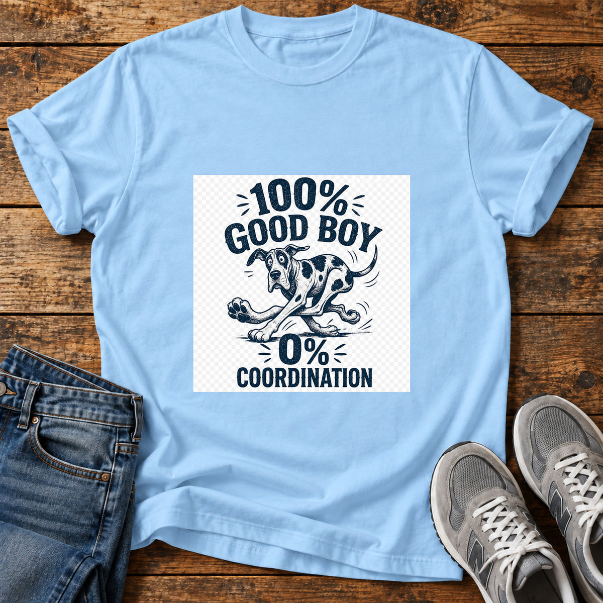 Good Boy Coordination Great Dane graphic T-shirt in Light Blue, shown on a flat-lay shirt mockup