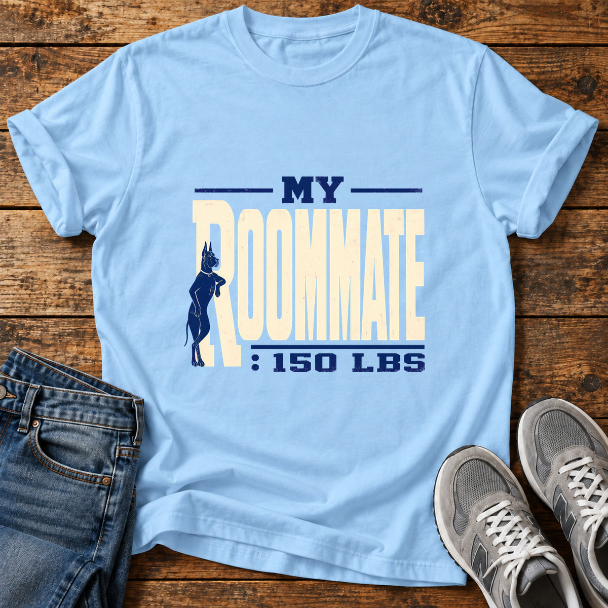 My Roommate Great Dane graphic T-shirt in Light Blue, shown on a flat-lay shirt mockup