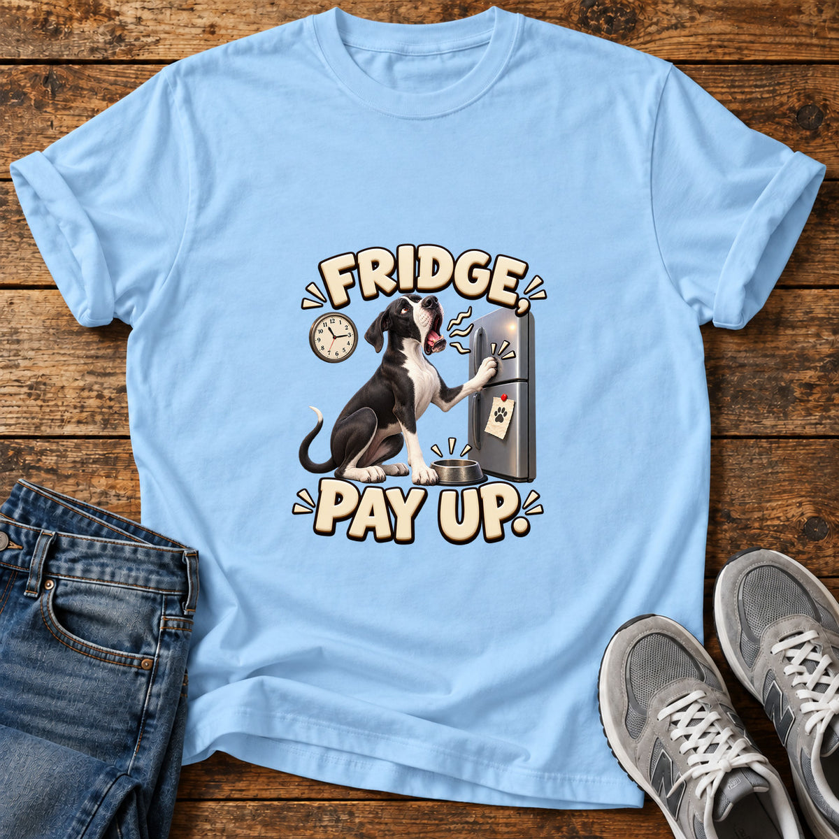 Fridge Pay Up Great Dane graphic T-shirt in Light Blue, shown on a flat-lay shirt mockup