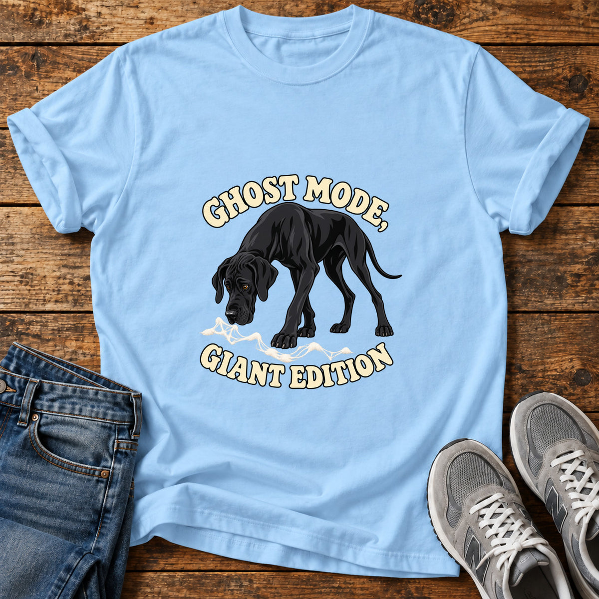 Ghost Mode Giant Great Dane graphic T-shirt in Light Blue, shown on a flat-lay shirt mockup