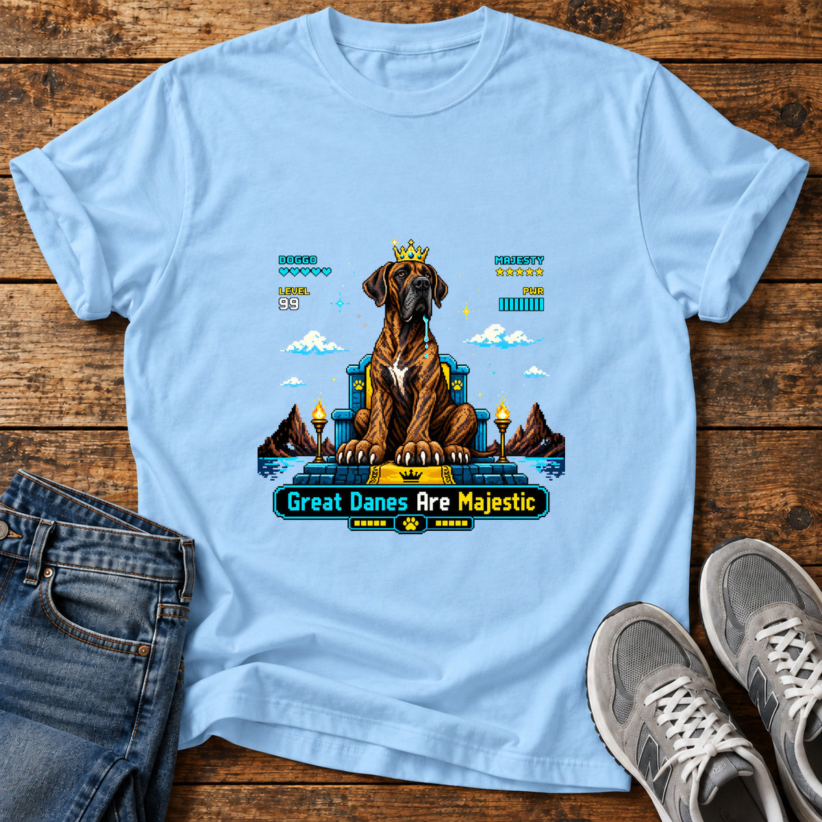 Great Danes Majestic graphic T-shirt in Light Blue, shown on a flat-lay shirt mockup