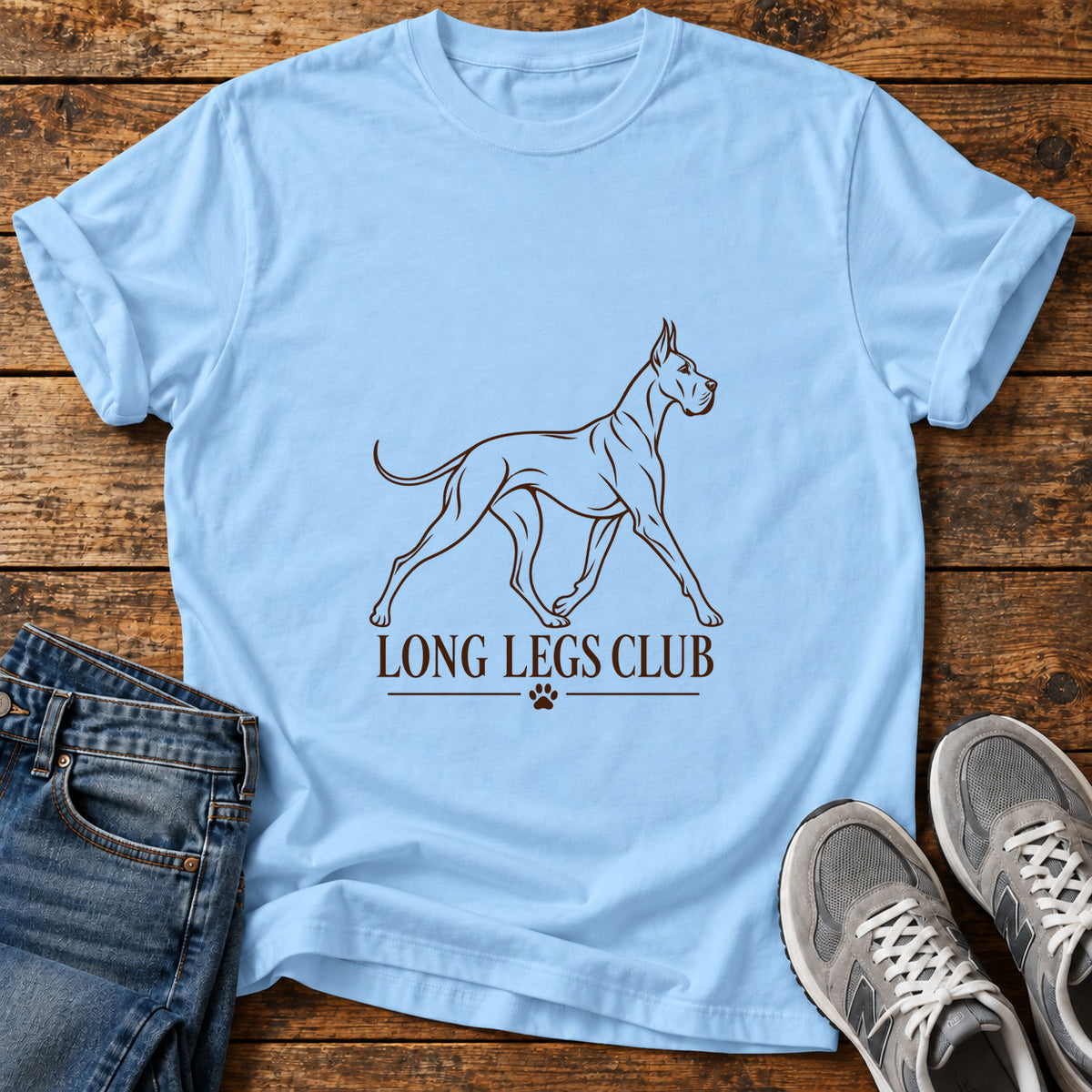 Long Legs Club Great Dane graphic T-shirt in Light Blue, shown on a flat-lay shirt mockup
