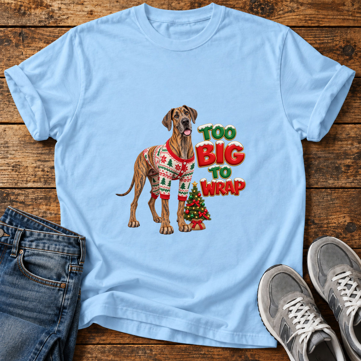 Too Big Great Dane graphic T-shirt in Light Blue, shown on a flat-lay shirt mockup