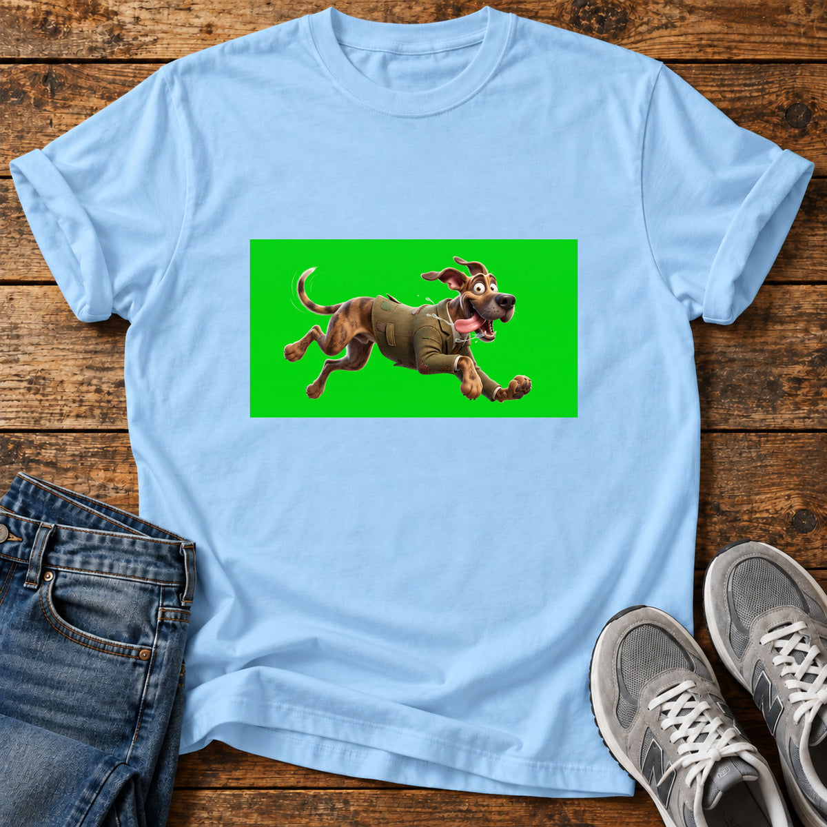 Dapper Dashhound Great Dane graphic T-shirt in Light Blue, shown on a flat-lay shirt mockup