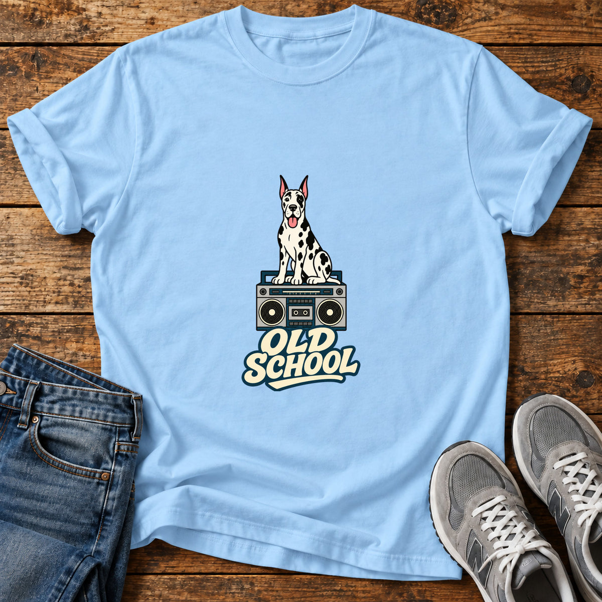 Old School Pooch Great Dane graphic T-shirt in Light Blue, shown on a flat-lay shirt mockup