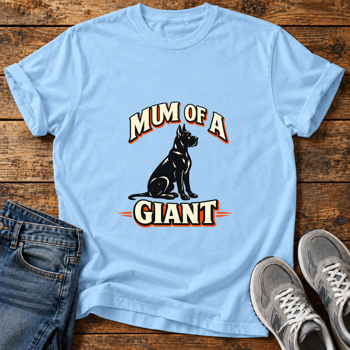 Mum Of Giant Great Dane graphic T-shirt in Light Blue, shown on a flat-lay shirt mockup