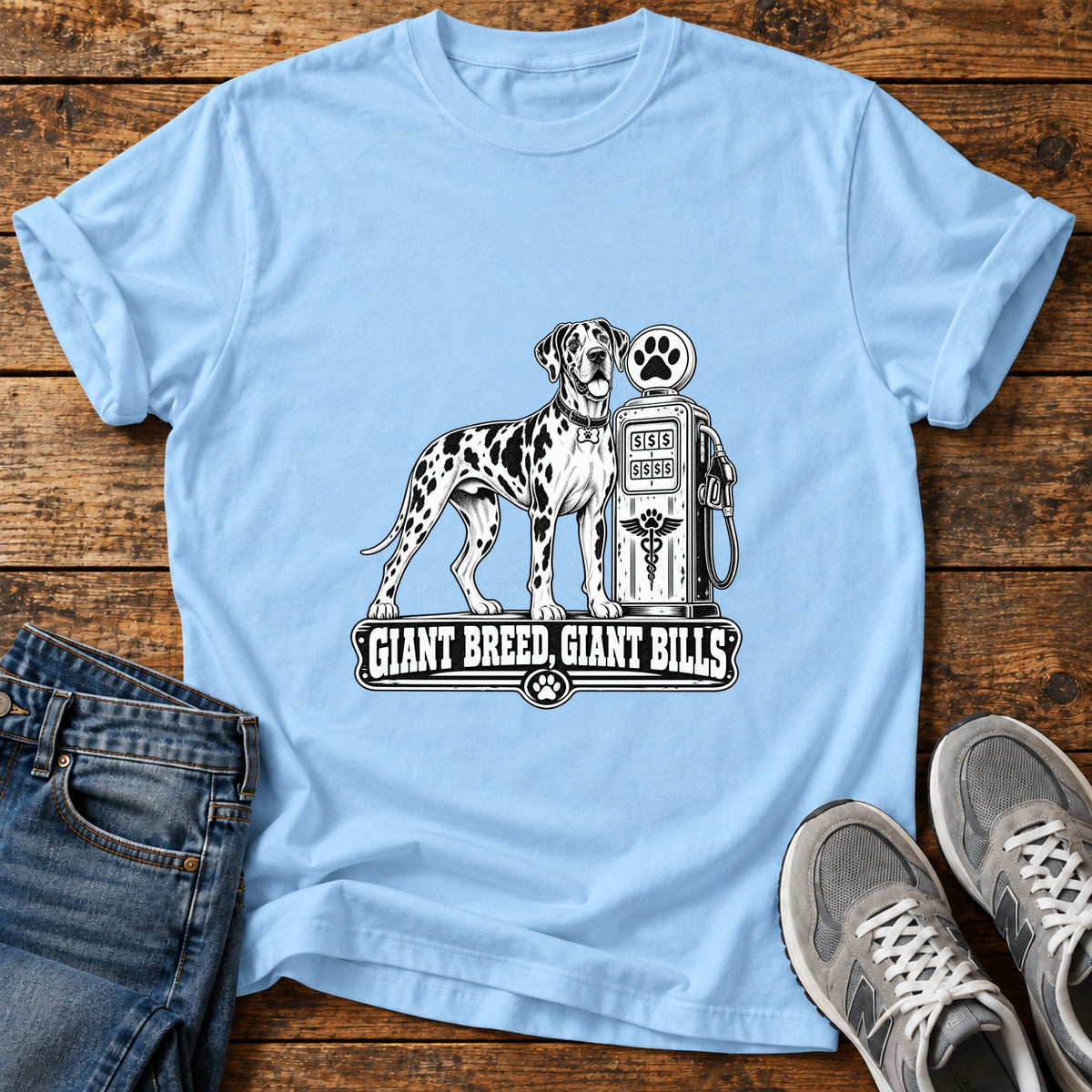 Giant Breed Bills Great Dane graphic T-shirt in Light Blue, shown on a flat-lay shirt mockup